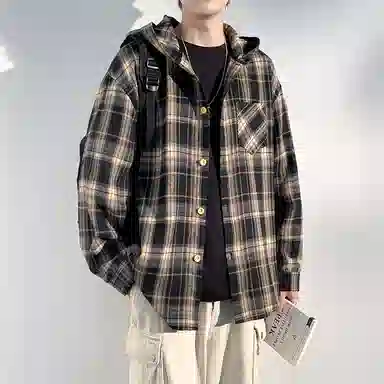 【免搭配一套】布客行 连帽开衫格子学院风高街单排扣休闲宽松衬衣外套美式复古直筒抽绳松紧腰微喇基础款柔软牛仔裤衬衫套装 男女同款