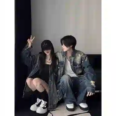 【废土风破洞牛仔外套裤子一套】布客行 美式潮牌水洗做旧高街痞帅长袖通勤抽绳宽松阔腿简约百搭长裤休闲运动套装 男女同款