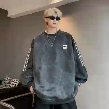 【满天星扎染满印拼接条纹】布客行 早秋开学穿搭可拆卸胸针潮牌复古美式高街国潮港风圆领落肩袖宽松舒适休闲多元素融合卫衣 男女同款