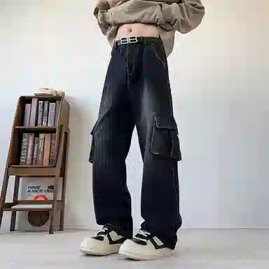 布客行 免搭配一套港风连帽开衫条纹格子高街休闲宽松衬衣外套美式复古直筒抽绳松紧腰微喇基础款柔软牛仔裤衬衫套装 男女同款