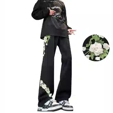 【万针刺绣3D立体浮雕】布客行 显腿长显高显瘦重工美式高街复古水洗直筒基础款花卉透气舒适亲肤休闲百搭微喇长裤牛仔裤 男女同款