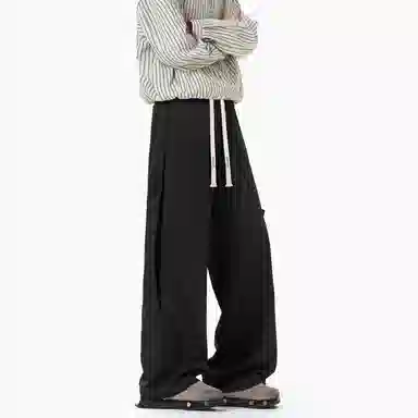 【抽绳松紧腰】布客行 拼接绑带复古高街潮牌弯刀阔腿工装直筒裤纯色百搭系带垂感长裤子宽松舒适高级慵懒长休闲裤 男女同款