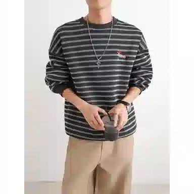 【腊肠小狗刺绣打底衫牛仔裤一套】布客行 美式潮牌圆领长袖条纹百搭港风卫衣抽绳水洗复古做旧阔腿通勤长裤休闲运动套装 男女同款