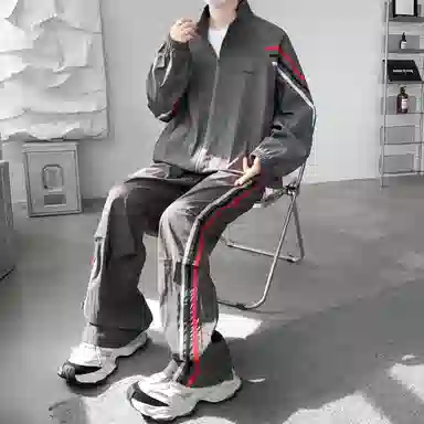 【美式高街三条杠免搭配一套】布客行 明线条纹拼接撞色复古港风舒适百搭日常户外防风防泼水开衫外套长裤子垂感休闲运动套装 男女同款