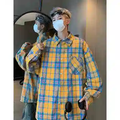 布客行 美式复古格子外套长袖衬衫套装 男女同款