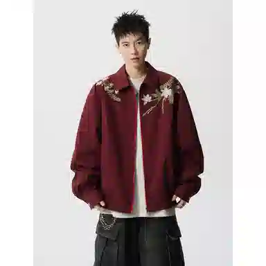 【万针刺绣立体花卉两面穿夹克牛仔裤一套】布客行 翻领拉链美式潮牌长袖外套抽绳港风宽松阔腿水洗做旧长裤休闲运动套装 男女同款