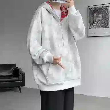 【重磅扎染脏脏衣裤子一套】布客行 美式潮牌连帽拼色拉链半开领大码长袖外套抽阔腿渐变色百搭牛仔长裤卫衣套装 男女同款