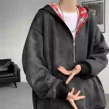 【重磅扎染脏脏衣裤子一套】布客行 美式潮牌连帽拼色拉链半开领大码长袖外套抽阔腿渐变色百搭牛仔长裤卫衣套装 男女同款