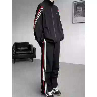 【美式高街三条杠免搭配一套】布客行 明线条纹拼接撞色复古港风舒适百搭日常户外防风防泼水开衫外套长裤子垂感休闲运动套装 男女同款