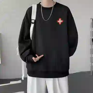 【提花压印大码200斤可穿】布客行 重磅慵懒风美式复古纯色圆领套头落肩长袖上衣港风宽松休闲百搭别针可拆卸刺绣胸标春秋卫衣 男女同款