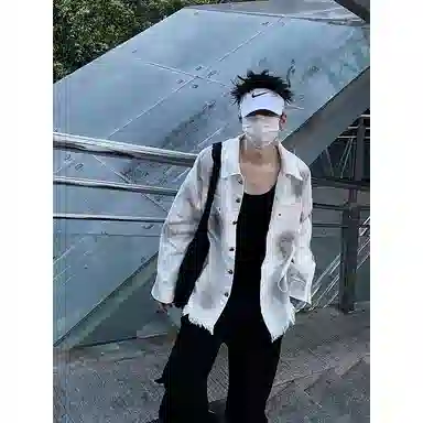 【扎染脏脏牛仔外套裤子一套】布客行 港风潮流别背面字母印花高街大码百搭抽绳水洗做旧阔腿舒适长裤休闲运动套装 男女同款