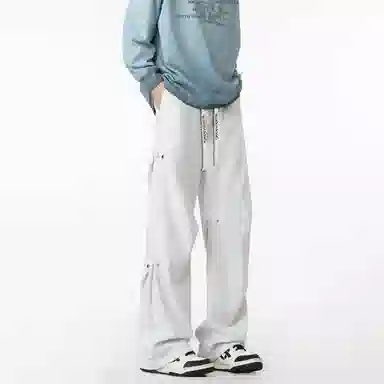 【伞兵褶皱卫裤】布客行 华棉重磅显高显瘦美式复古高街纯色长裤子宽松大码直筒阔腿百搭弹力柔软抽绳松紧腰保暖御寒休闲裤 男女同款