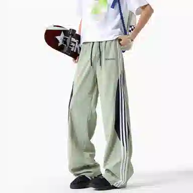 【三条杠拼接条纹撞色明线设计】布客行 青少年早秋开学美式高街潮牌复古阔腿垂感抽绳运动舒适松紧长裤子休闲裤 男女同款