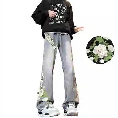 【万针刺绣3D立体浮雕】布客行 重工美式复古水洗直筒基础款花卉透气高街舒适亲肤休闲百搭微喇纯色显腿长显高显瘦长裤牛仔裤 男女同款