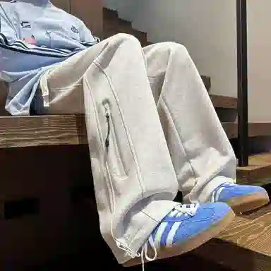 【华棉重磅直筒可束脚卫裤】布客行 显高显瘦港风设计感拉链抽绳系带松紧腰长裤子宽松大码美式复古高街百搭柔软显腿长休闲裤 男女同款