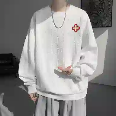 【提花压印大码200斤可穿】布客行 慵懒风纯色圆领套头落肩长袖上衣港风宽松休闲百搭基础款可拆卸刺绣胸标春秋美式复古卫衣 男女同款