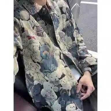 【小熊万针刺绣】布客行 美式复古轻奢高级潮牌高街提花宽松大码休闲舒适时尚百搭运动重磅青少年痞帅翻领开衫华棉长袖外套夹克 男女同款