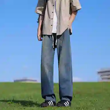 【扎染翻领脏脏开衫裤子一套】布客行 纯色晕染点缀大码百搭长袖外套抽绳松紧腰口水洗做旧阔腿牛仔通勤长裤衬衫套装 男女同款