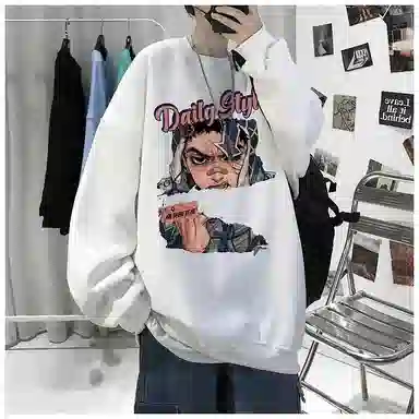 布客行 免搭配一套美式复古卡通字母印花重磅套头落肩袖上衣百搭水洗黑色显高显瘦弯刀微喇巴黎柳叶直筒牛仔长裤子休闲卫衣套装 男女同款