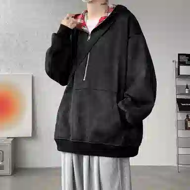 【重磅扎染脏脏衣裤子一套】布客行 美式潮牌连帽拼色拉链半开领大码长袖外套抽阔腿渐变色百搭牛仔长裤卫衣套装 男女同款