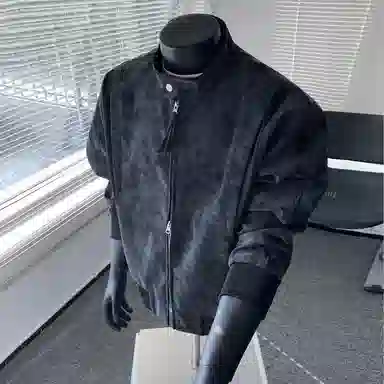 【绒感雾花皮外套裤子一套】布客行 美拉德立领拼接结构美式复古高街夹克直筒水洗做旧微喇基础款松紧腰抽绳牛仔裤休闲运动套装 男女同款