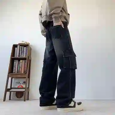 布客行 免搭配一套港风连帽开衫条纹格子高街休闲宽松衬衣外套美式复古直筒抽绳松紧腰微喇基础款柔软牛仔裤衬衫套装 男女同款