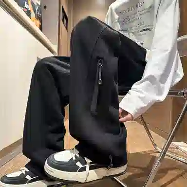 【华棉重磅直筒可束脚卫裤】布客行 显高显瘦港风设计感拉链抽绳系带松紧腰长裤子宽松大码美式复古高街百搭柔软显腿长休闲裤 男女同款