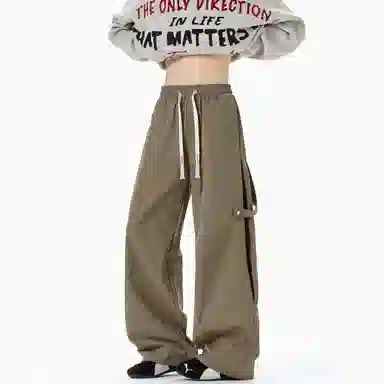 【抽绳松紧腰】布客行 拼接绑带复古高街潮牌弯刀阔腿工装直筒裤纯色百搭系带垂感长裤子宽松舒适高级慵懒长休闲裤 男女同款