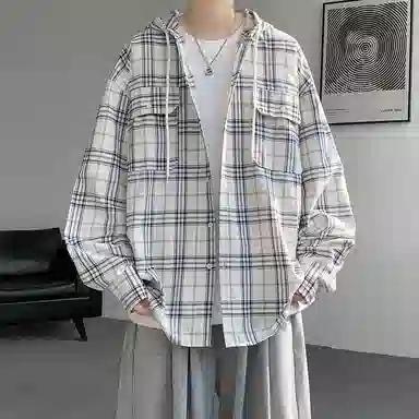 布客行 免搭配一套港风连帽开衫条纹格子高街休闲宽松衬衣外套美式复古直筒抽绳松紧腰微喇基础款柔软牛仔裤衬衫套装 男女同款