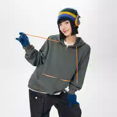 【反穿多巴胺】布客行 彩色条纹木耳边拆卸别针美式复古高街港风回潮设计连帽落肩口袋系带开衫宽松舒适百搭华棉长袖外套 卫衣 男女同款