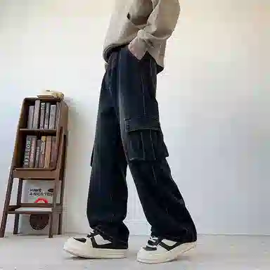 布客行 免搭配一套港风连帽开衫条纹格子高街休闲宽松衬衣外套美式复古直筒抽绳松紧腰微喇基础款柔软牛仔裤衬衫套装 男女同款