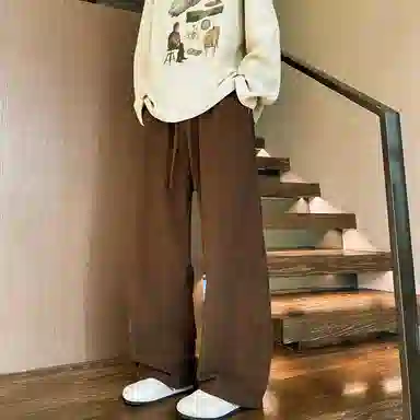 【230斤可穿灯芯绒保暖】布客行 美式复古港风简约纯色基础款宽松直筒美拉德弯刀系带松紧腰显瘦高街垂感百搭长裤阔腿休闲裤 男女同款