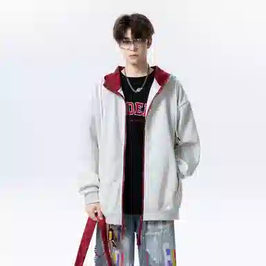 【拼色连帽开衫牛仔裤一套】布客行 撞色拉链高街休闲风大码宽松落肩保暖运动外套抽绳松紧腰水洗做旧港风简约百搭长裤卫衣套装 男女同款