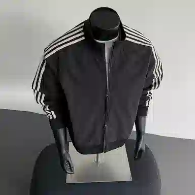 【防泼水外套裤子一套】布客行 三条杆条纹螺纹立领美式复古高街上衣夹克直筒水洗做旧微喇基础款松紧腰抽绳牛仔裤休闲运动套装 男女同款