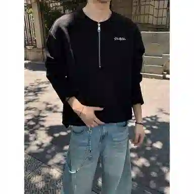 【高街半开领华夫格】布客行 拉链领口长袖内搭美式复古亲肤柔顺港风垂感宽松大码日系慵懒风纯色小众百搭学院风可外穿通勤卫衣 男女同款