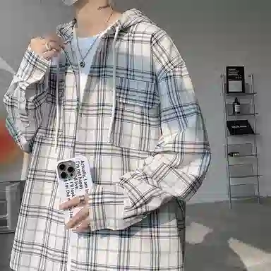 布客行 免搭配一套港风连帽开衫条纹格子高街休闲宽松衬衣外套美式复古直筒抽绳松紧腰微喇基础款柔软牛仔裤衬衫套装 男女同款