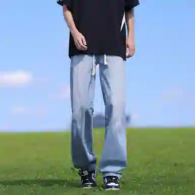 【拼色连帽开衫牛仔裤一套】布客行 撞色拉链高街休闲风大码宽松落肩保暖运动外套抽绳松紧腰水洗做旧港风简约百搭长裤卫衣套装 男女同款