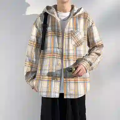【免搭配一套】布客行 连帽开衫格子学院风高街单排扣休闲宽松衬衣外套美式复古直筒抽绳松紧腰微喇基础款柔软牛仔裤衬衫套装 男女同款