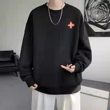 【提花压印大码200斤可穿】布客行 重磅慵懒风美式复古纯色圆领套头落肩长袖上衣港风宽松休闲百搭别针可拆卸刺绣胸标春秋卫衣 男女同款