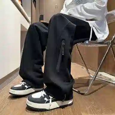 【华棉重磅直筒可束脚卫裤】布客行 显高显瘦港风设计感拉链抽绳系带松紧腰长裤子宽松大码美式复古高街百搭柔软显腿长休闲裤 男女同款