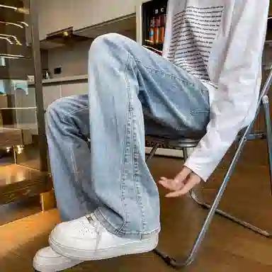 布客行 弹力微喇水洗美式复古港风简约纯色宽松高街垂感休闲百搭长裤子牛仔裤 男女同款