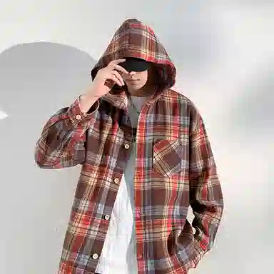 【免搭配一套】布客行 连帽开衫格子学院风高街单排扣休闲宽松衬衣外套美式复古直筒抽绳松紧腰微喇基础款柔软牛仔裤衬衫套装 男女同款