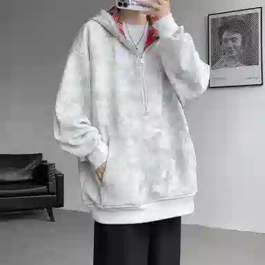 【重磅扎染脏脏衣裤子一套】布客行 美式潮牌连帽拼色拉链半开领大码长袖外套抽阔腿渐变色百搭牛仔长裤卫衣套装 男女同款