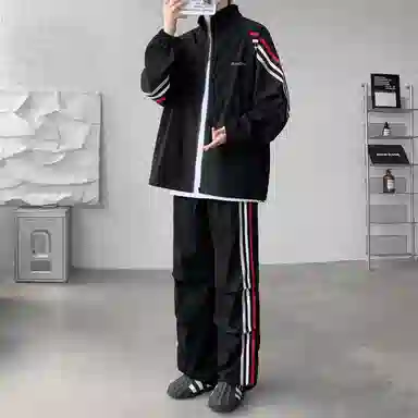 【美式高街三条杠免搭配一套】布客行 明线条纹拼接撞色复古港风舒适百搭日常户外防风防泼水开衫外套长裤子垂感休闲运动套装 男女同款