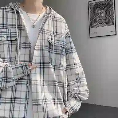 布客行 免搭配一套港风连帽开衫条纹格子高街休闲宽松衬衣外套美式复古直筒抽绳松紧腰微喇基础款柔软牛仔裤衬衫套装 男女同款