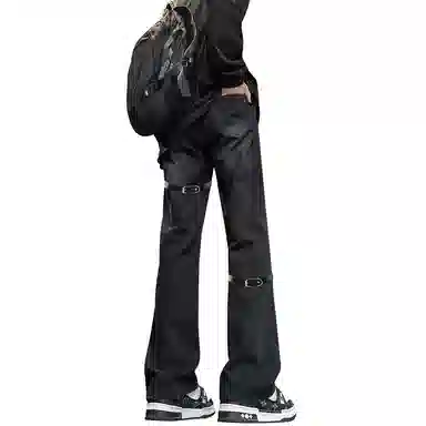 【重工绑带链条拼接】布客行 微喇修身显高显瘦显腿长潮牌休闲百搭美式高街复古纯色基础款水洗做旧废土风通勤弹力牛仔裤 男女同款