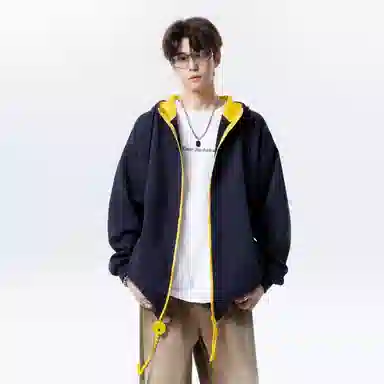 【拼色连帽开衫牛仔裤一套】布客行 撞色拉链高街休闲风大码宽松落肩保暖运动外套抽绳松紧腰水洗做旧港风简约百搭长裤卫衣套装 男女同款