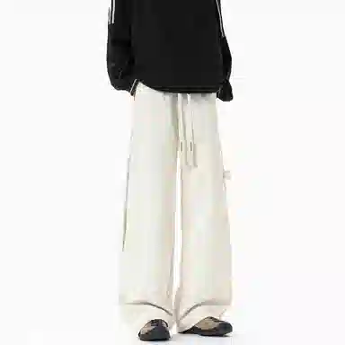 【抽绳松紧腰】布客行 拼接绑带复古高街潮牌弯刀阔腿工装直筒裤纯色百搭系带垂感长裤子宽松舒适高级慵懒长休闲裤 男女同款