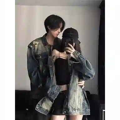 【废土风破洞牛仔外套裤子一套】布客行 美式潮牌水洗做旧高街痞帅长袖通勤抽绳宽松阔腿简约百搭长裤休闲运动套装 男女同款