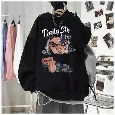 布客行 免搭配一套美式复古卡通字母印花重磅套头落肩袖上衣百搭水洗黑色显高显瘦弯刀微喇巴黎柳叶直筒牛仔长裤子休闲卫衣套装 男女同款